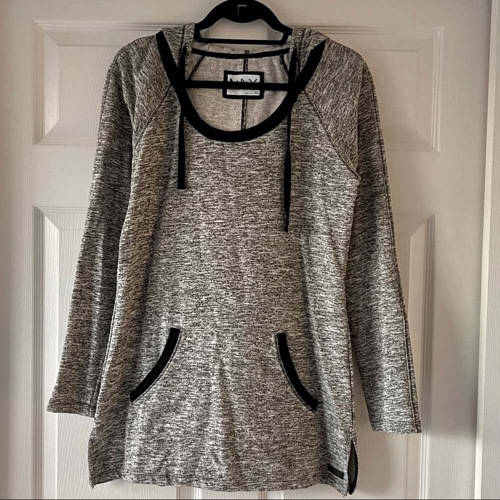 Andrew Marc Black Heather Slub Scoop Neck Midi Hoodie w/Black Details M (Women)